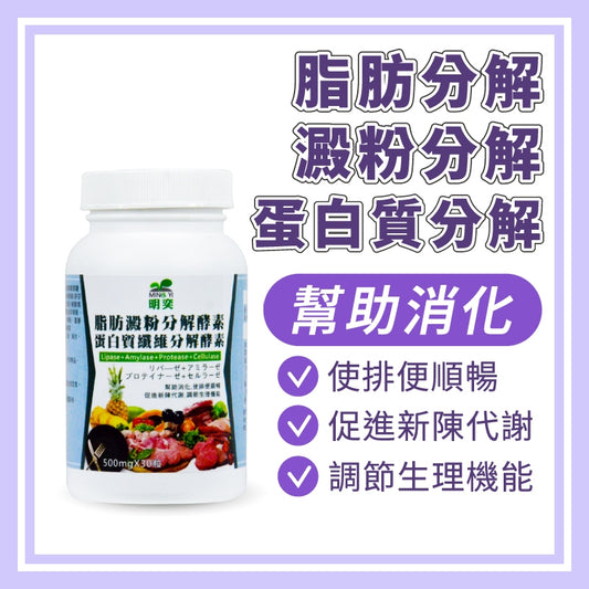 脂肪澱粉分解酵素＋蛋白質纖維分解酵素膠囊(30粒/瓶)｜ 酵素 鳳梨酵素 果蔬酵素 脂肪 蘆薈 消化酵素 順暢排便